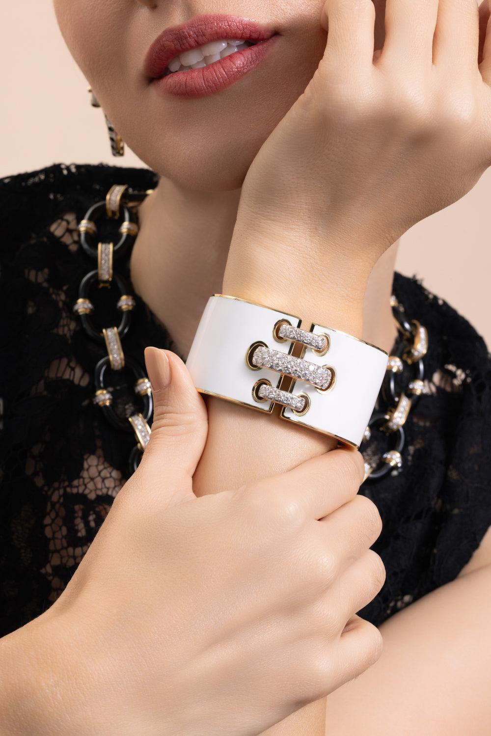Diamond White Shoe Lace Cuff Braclet-YELLOW GOLD-JEWELRYFINE JEWELBRACELET O-DAVID WEBB
