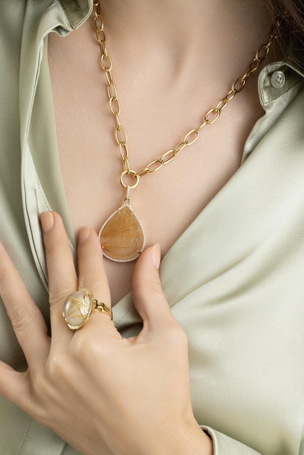 Rutilated Quartz Large G-One Pendant Necklace-YELLOW GOLD-18-JEWELRYFINE JEWELNECKLACE O-GOSHWARA