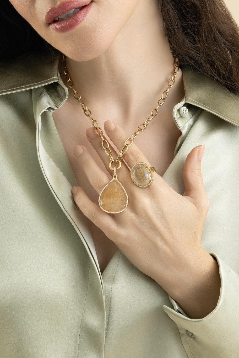 Rutilated Quartz Large G-One Pendant Necklace-YELLOW GOLD-18-JEWELRYFINE JEWELNECKLACE O-GOSHWARA