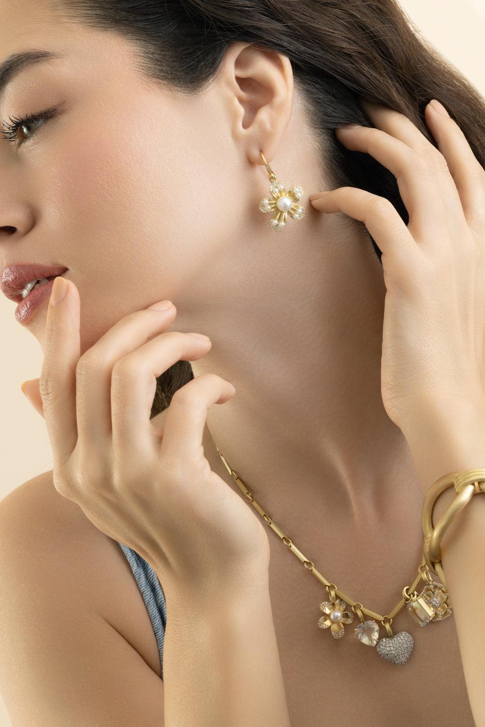 Diamond Pearl Blossom Flower Earrings-YELLOW GOLD-JEWELRYFINE JEWELEARRING-IRENE NEUWIRTH JEWELRY