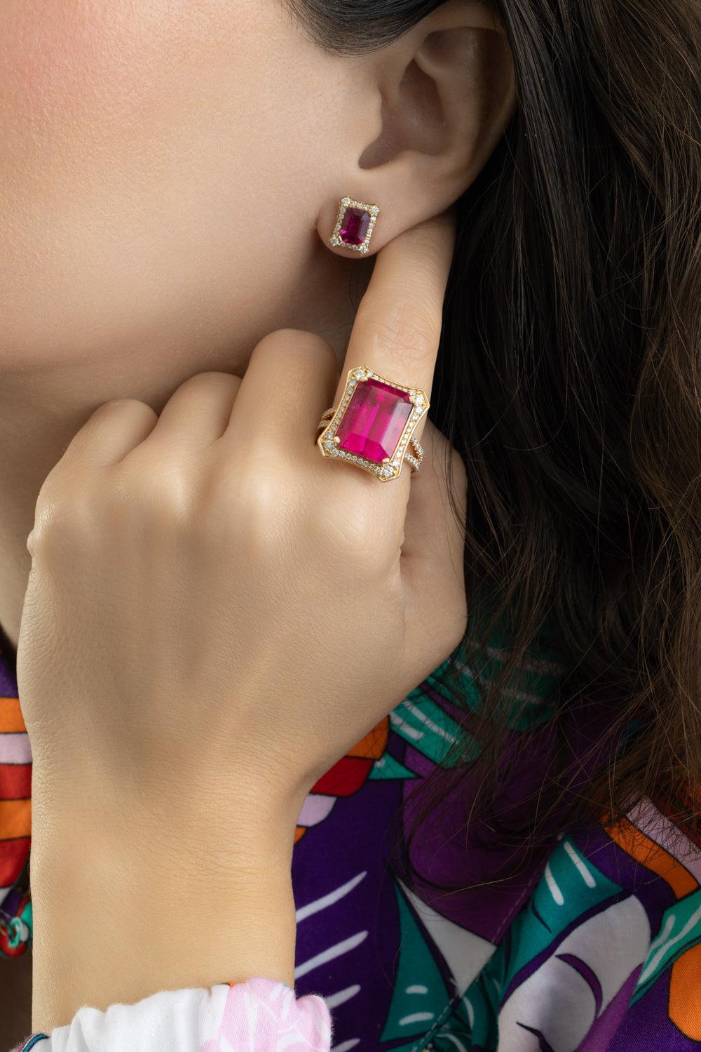 Rubellite Diamond Stud Earrings-YELLOW GOLD-JEWELRYFINE JEWELEARRING-GOSHWARA