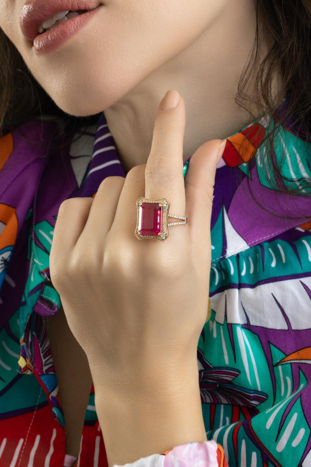 Rubellite Diamond G-One Ring-YELLOW GOLD-7.5-JEWELRYFINE JEWELRING-GOSHWARA