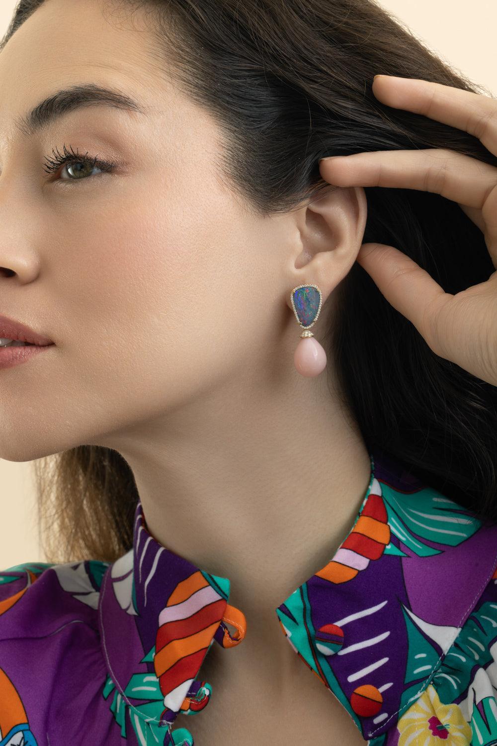 Blue Pink Opal G-One Drop Earrings-YELLOW GOLD-JEWELRYFINE JEWELEARRING-GOSHWARA
