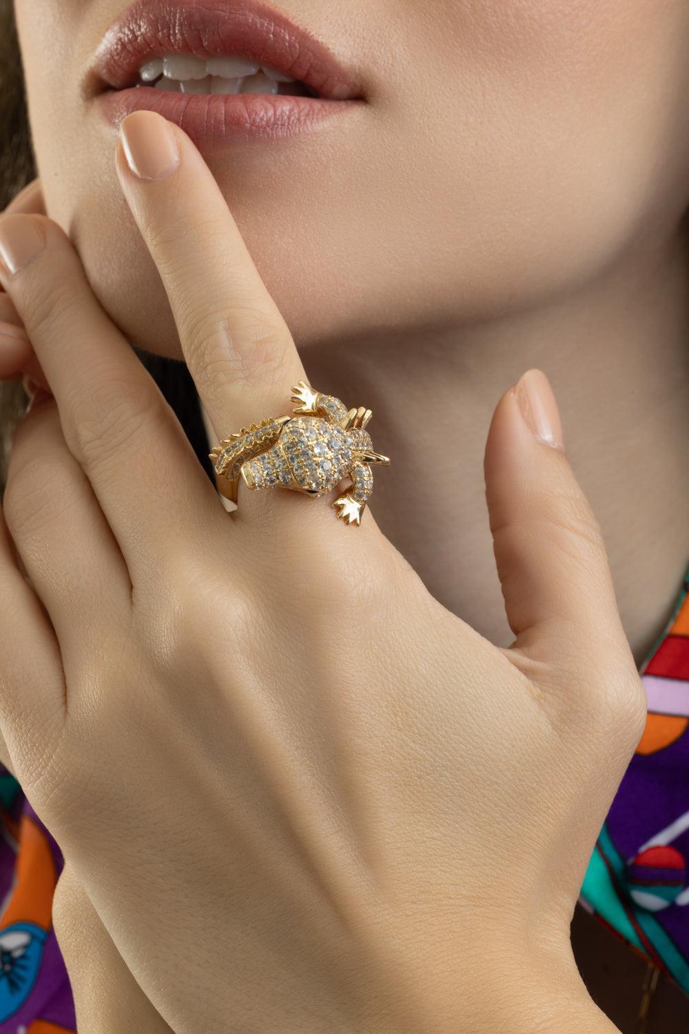 White Sapphire Onyx Crocodile Ark Ring-YELLOW GOLD-6.75-JEWELRYFINE JEWELRING-GOSHWARA