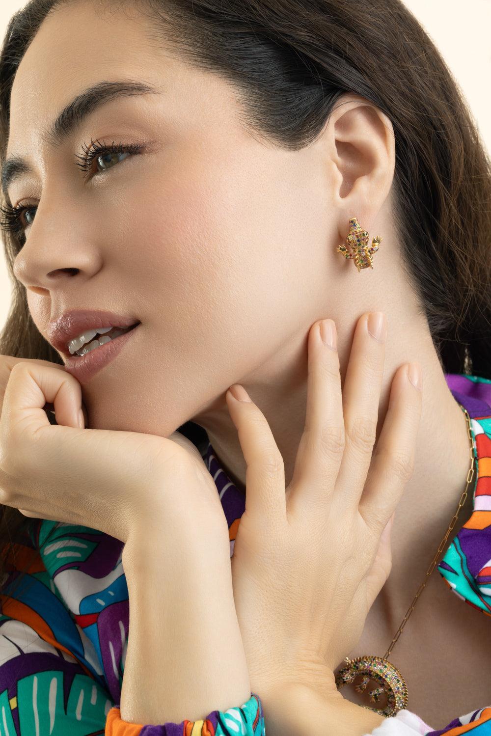 Multi Sapphire Onyx Crocodile Ark Earrings-YELLOW GOLD-JEWELRYFINE JEWELEARRING-GOSHWARA