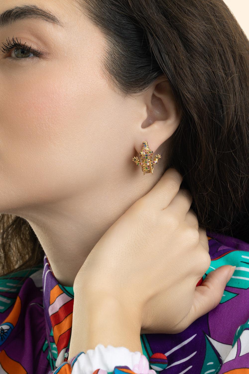 Multi Sapphire Onyx Crocodile Ark Earrings-YELLOW GOLD-JEWELRYFINE JEWELEARRING-GOSHWARA