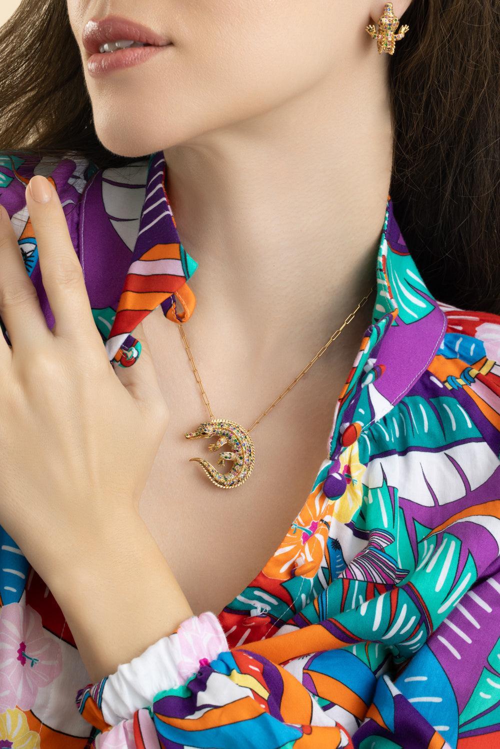 Multi Sapphire Onyx Crocodile Ark Pendant-YELLOW GOLD-18-JEWELRYFINE JEWELNECKLACE O-GOSHWARA