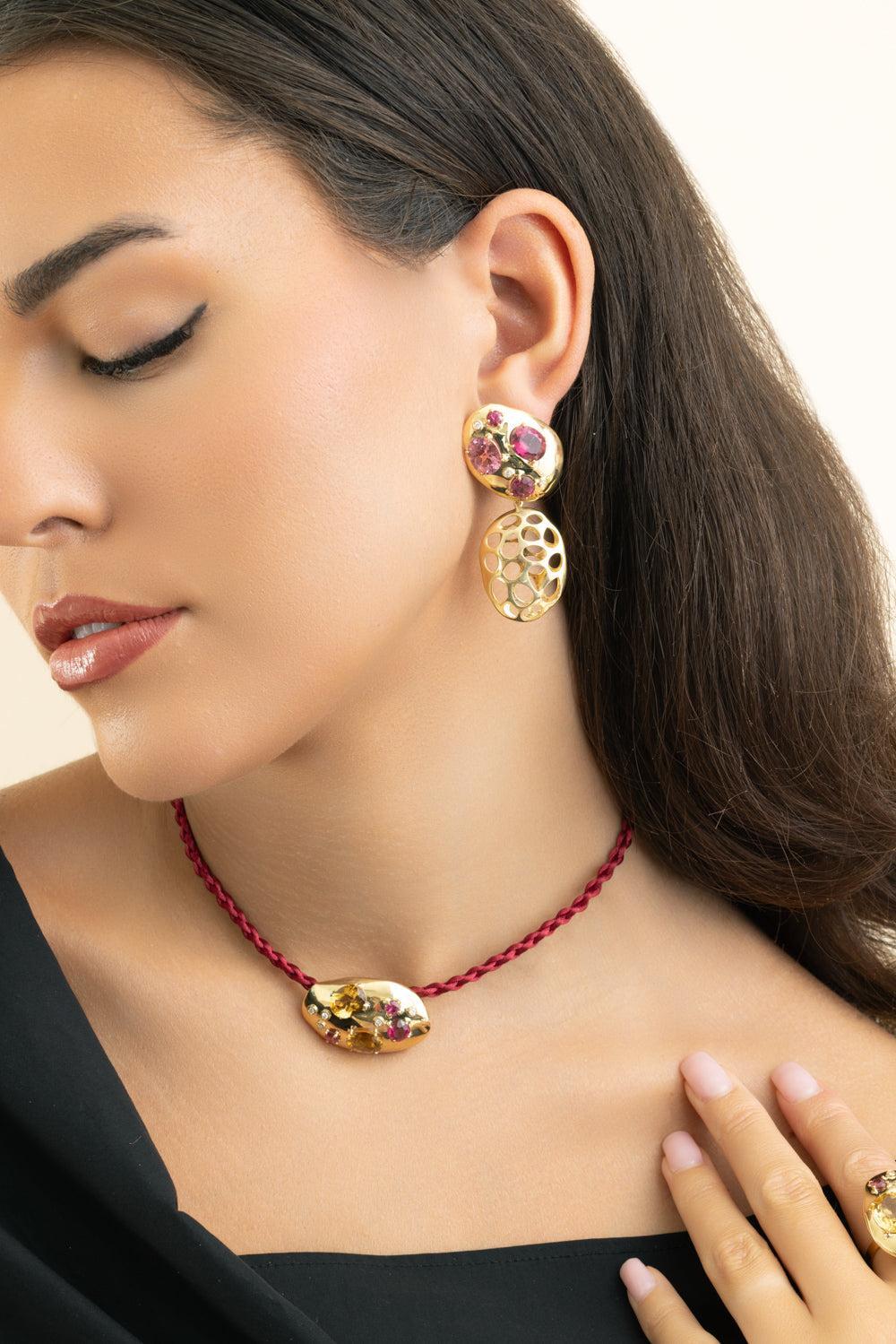 Pink Tourmaline Diamond Monochromatic Earrings-YELLOW GOLD-JEWELRYFINE JEWELEARRING-CAROL KAUFFMANN