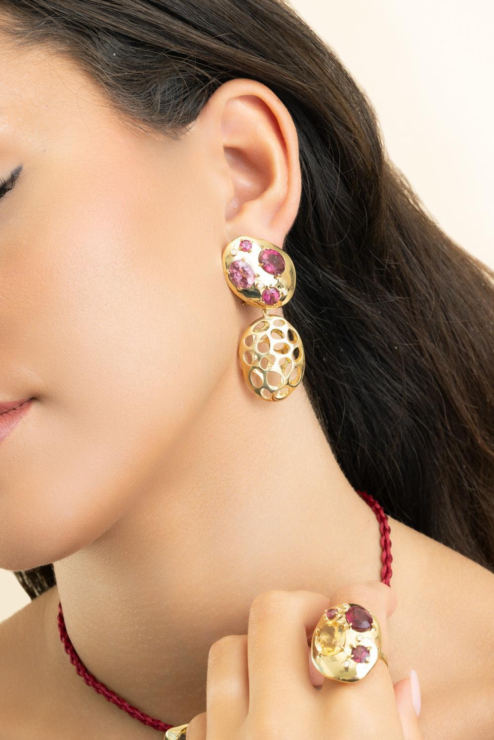 Pink Tourmaline Diamond Monochromatic Earrings-YELLOW GOLD-JEWELRYFINE JEWELEARRING-CAROL KAUFFMANN