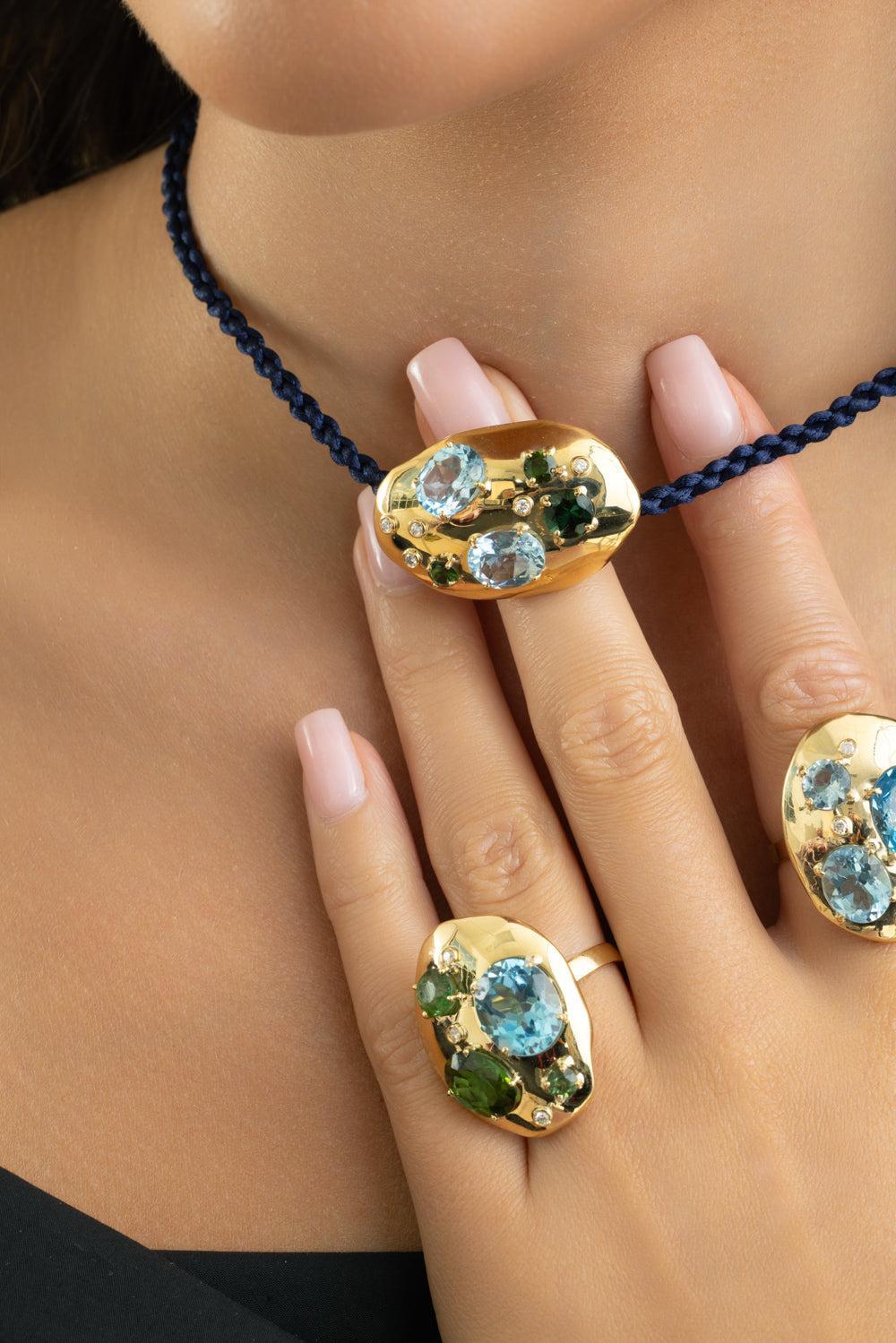 Green Tourmaline Blue Topaz Flinstone Pendant-YELLOW GOLD-JEWELRYFINE JEWELPENDANT-CAROL KAUFFMANN