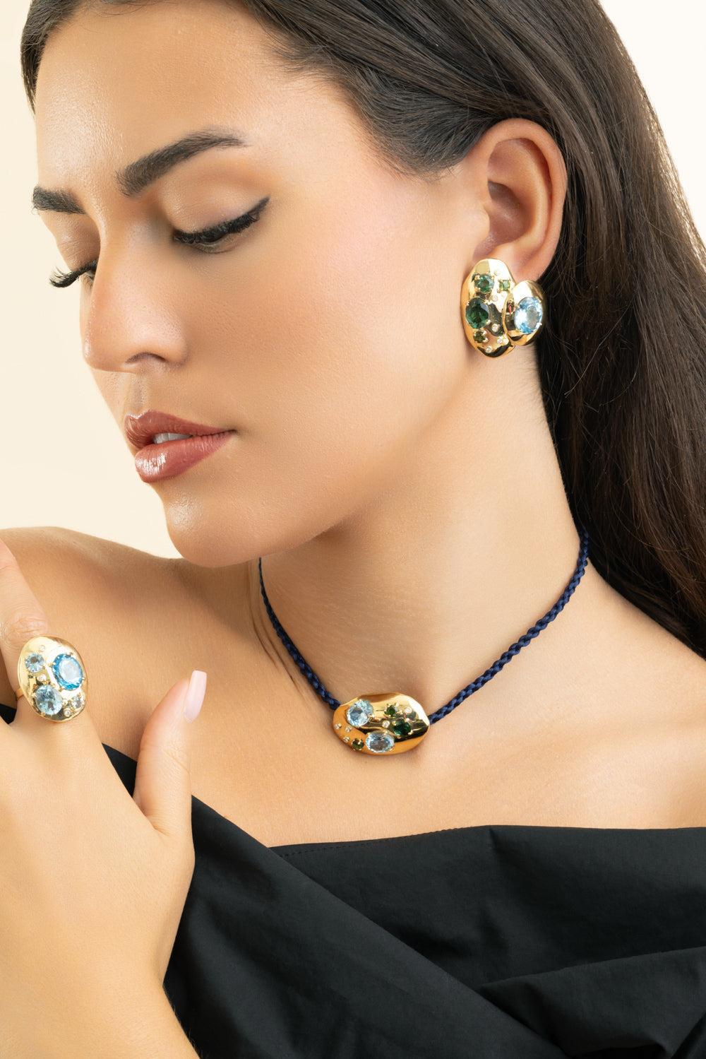 Green Tourmaline Blue Topaz Flinstone Pendant-YELLOW GOLD-JEWELRYFINE JEWELPENDANT-CAROL KAUFFMANN