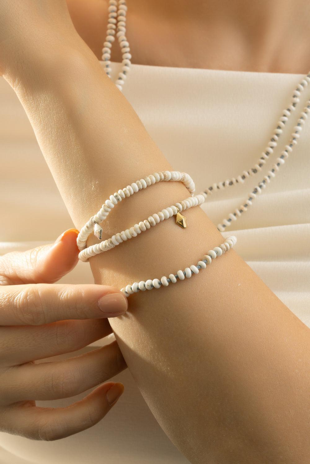 White Turquoise Beaded Bracelet-YELLOW GOLD-7-JEWELRYFINE JEWELBRACELET O-WALTERS FAITH