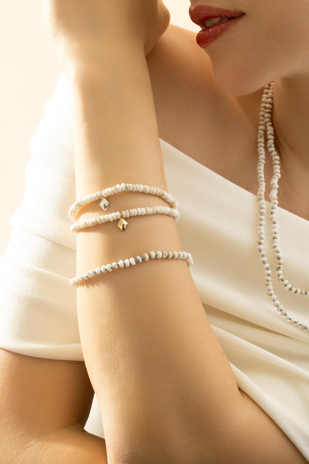 White Turquoise Beaded Bracelet-YELLOW GOLD-7-JEWELRYFINE JEWELBRACELET O-WALTERS FAITH