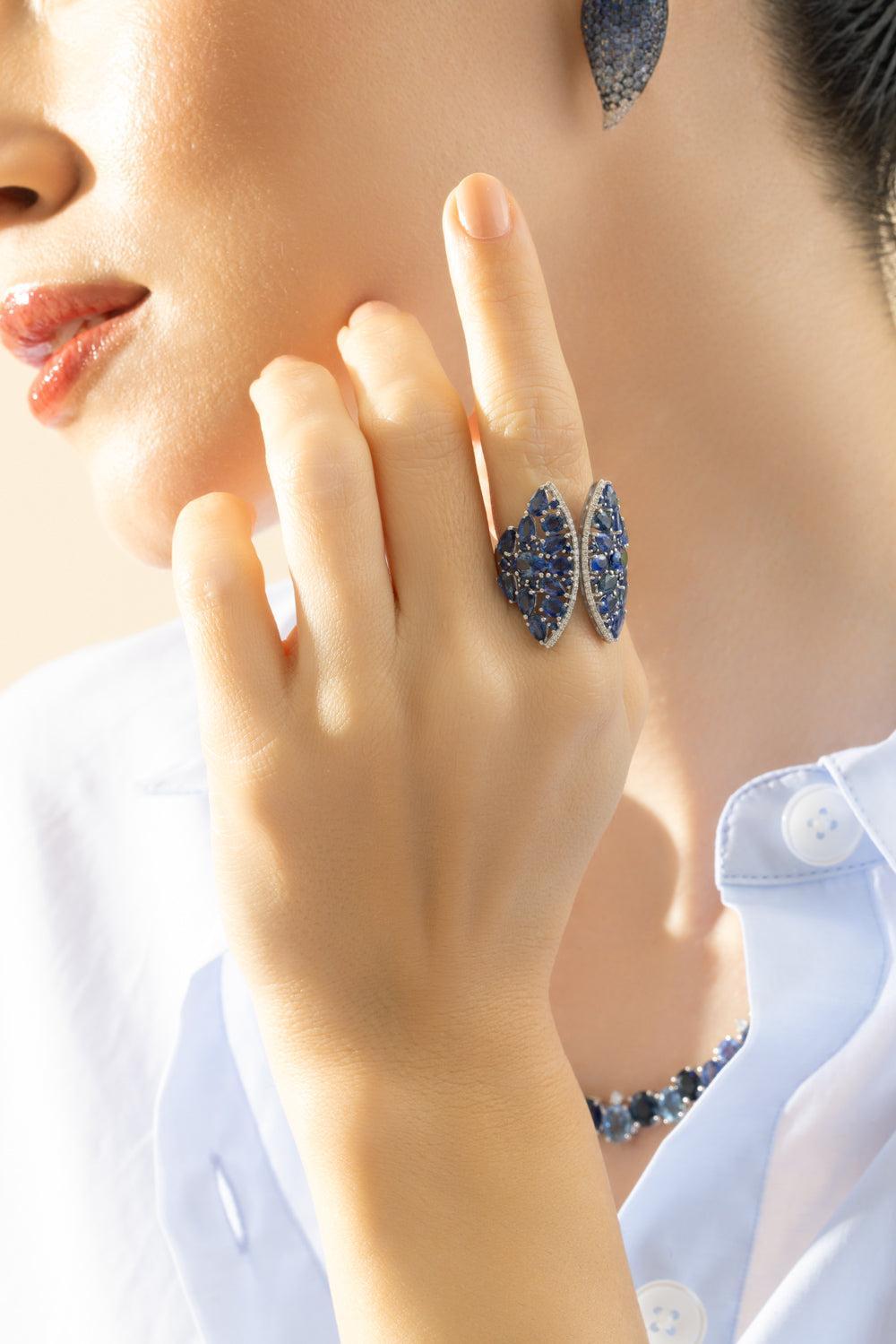 Blue Sapphire Diamond Skylight Open Ring-WHITE GOLD-7-JEWELRYFINE JEWELRING-RUCHI NEW YORK