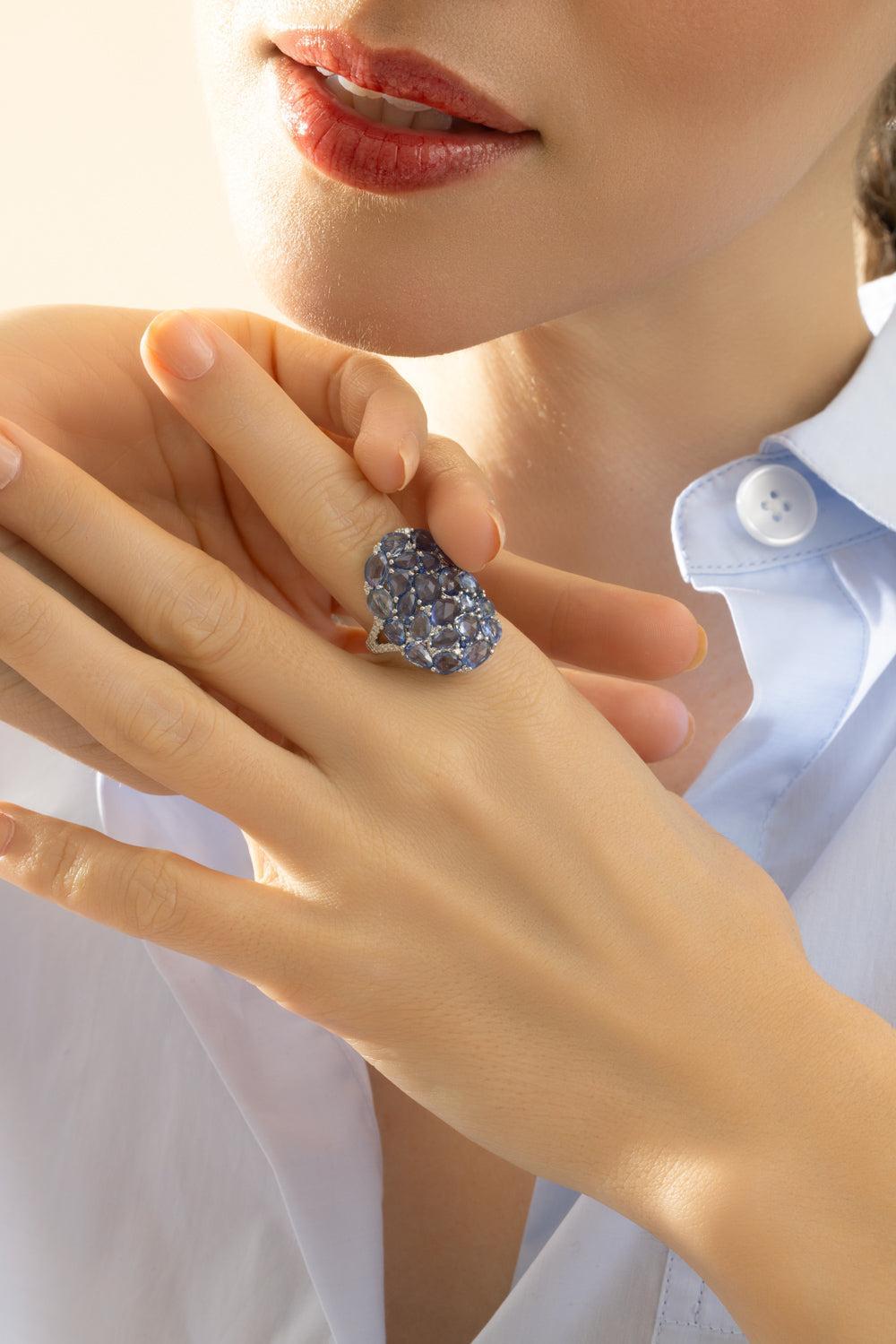 Blue Sapphire Midnight Dome Ring-WHITE GOLD-6.5-JEWELRYFINE JEWELRING-RUCHI NEW YORK
