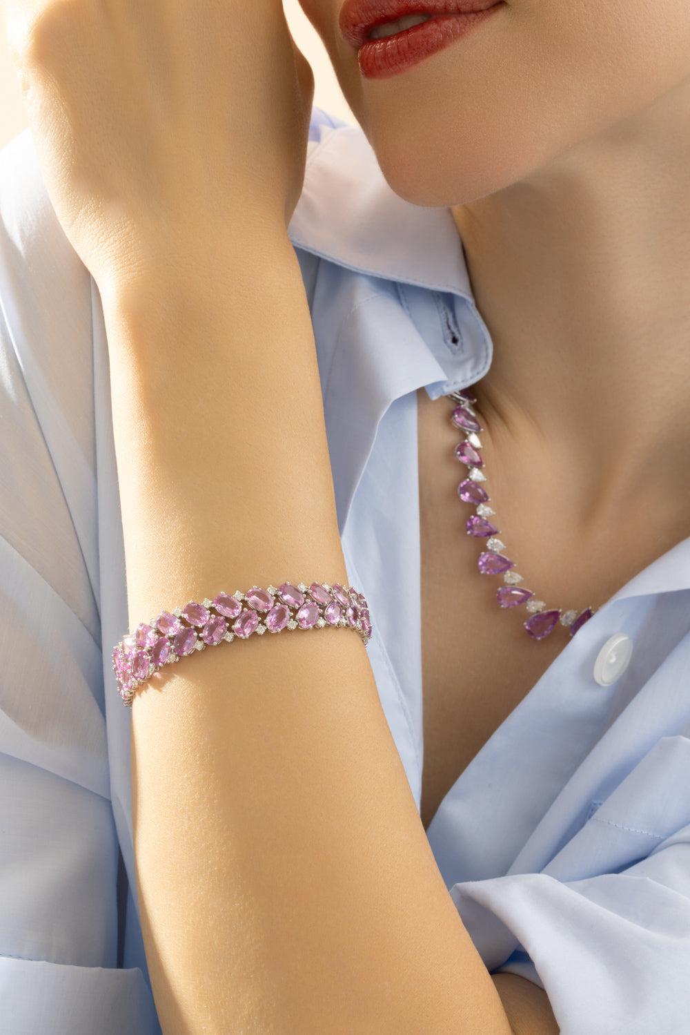 Pink Sapphire DiamondThree Row Bracelet-WHITE GOLD-7-JEWELRYFINE JEWELBRACELET O-RUCHI NEW YORK