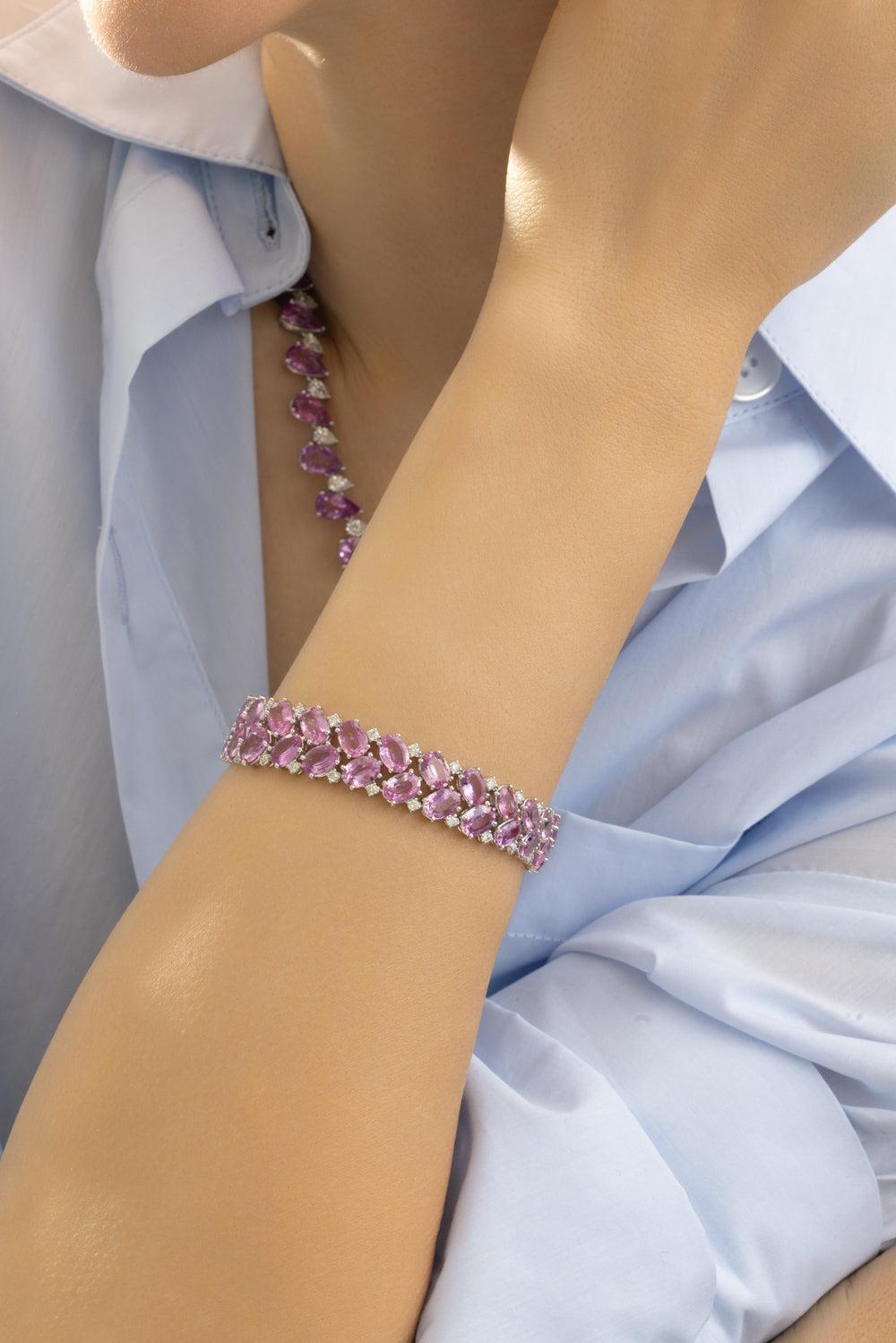Pink Sapphire DiamondThree Row Bracelet-WHITE GOLD-7-JEWELRYFINE JEWELBRACELET O-RUCHI NEW YORK