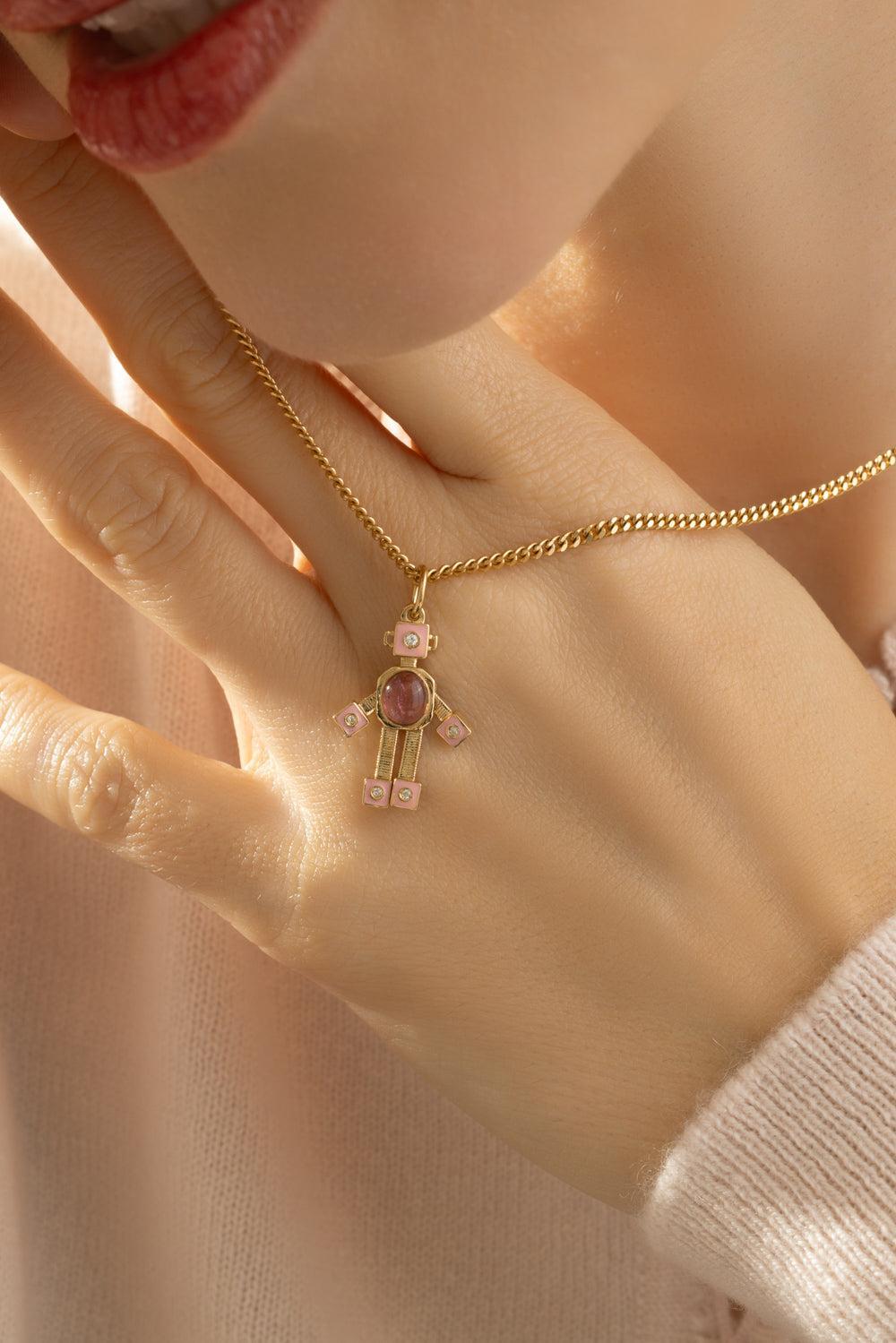 Tourmaline Diamond Pink Mini Bespoke Robot Pendant-YELLOW GOLD-JEWELRYFINE JEWELPENDANT-VAN