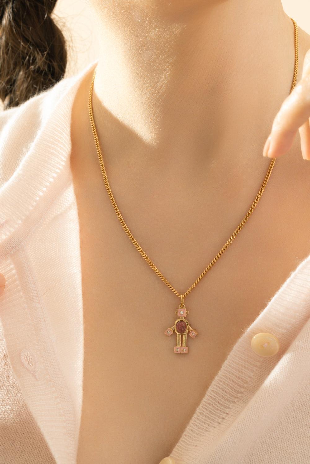 Tourmaline Diamond Pink Mini Bespoke Robot Pendant-YELLOW GOLD-JEWELRYFINE JEWELPENDANT-VAN