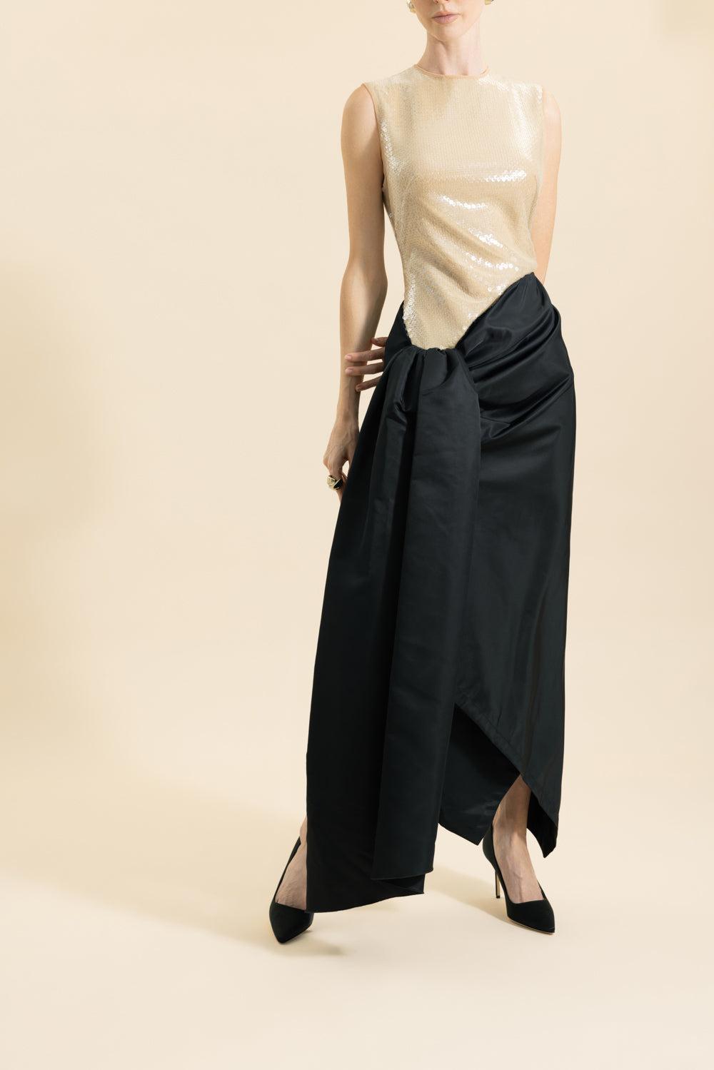 Sleeveless Draped Skirt Midi Dress-BEIGE/BLACK-6-CLOTHINGDRESSCOCKTAIL-DAVID KOMA