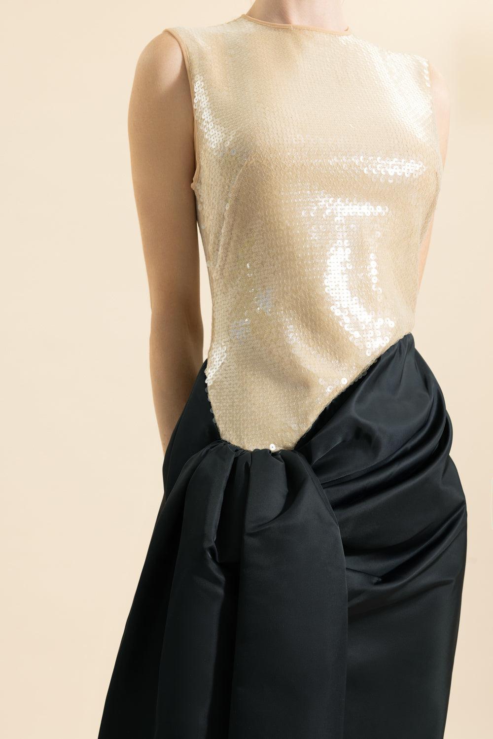 Sleeveless Draped Skirt Midi Dress-BEIGE/BLACK-6-CLOTHINGDRESSCOCKTAIL-DAVID KOMA