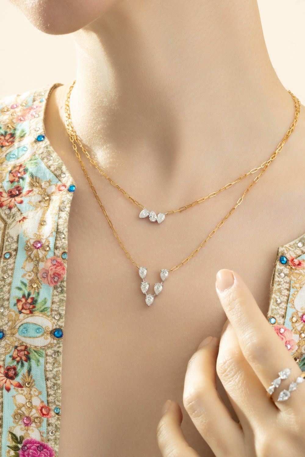 Five Diamond Pear V Necklace-YELLOW GOLD-JEWELRYFINE JEWELNECKLACE O-PHILLIPS HOUSE