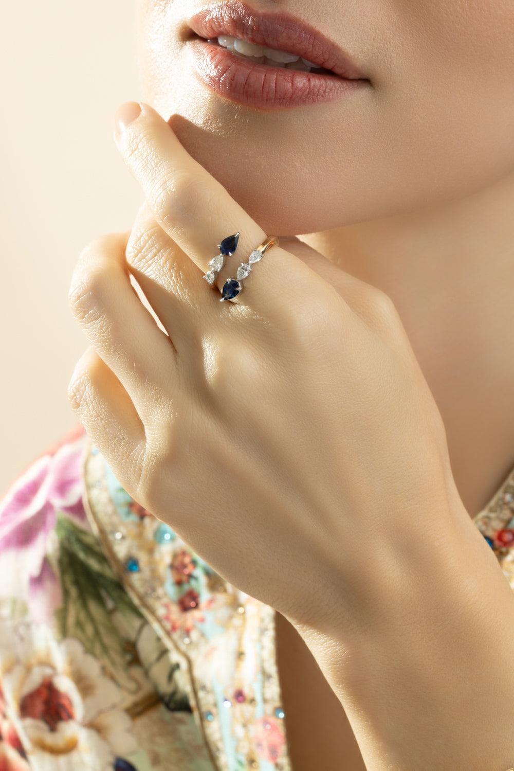 Blue Sapphire Diamond Crossover Ring-YELLOW GOLD-6-JEWELRYFINE JEWELRING-PHILLIPS HOUSE