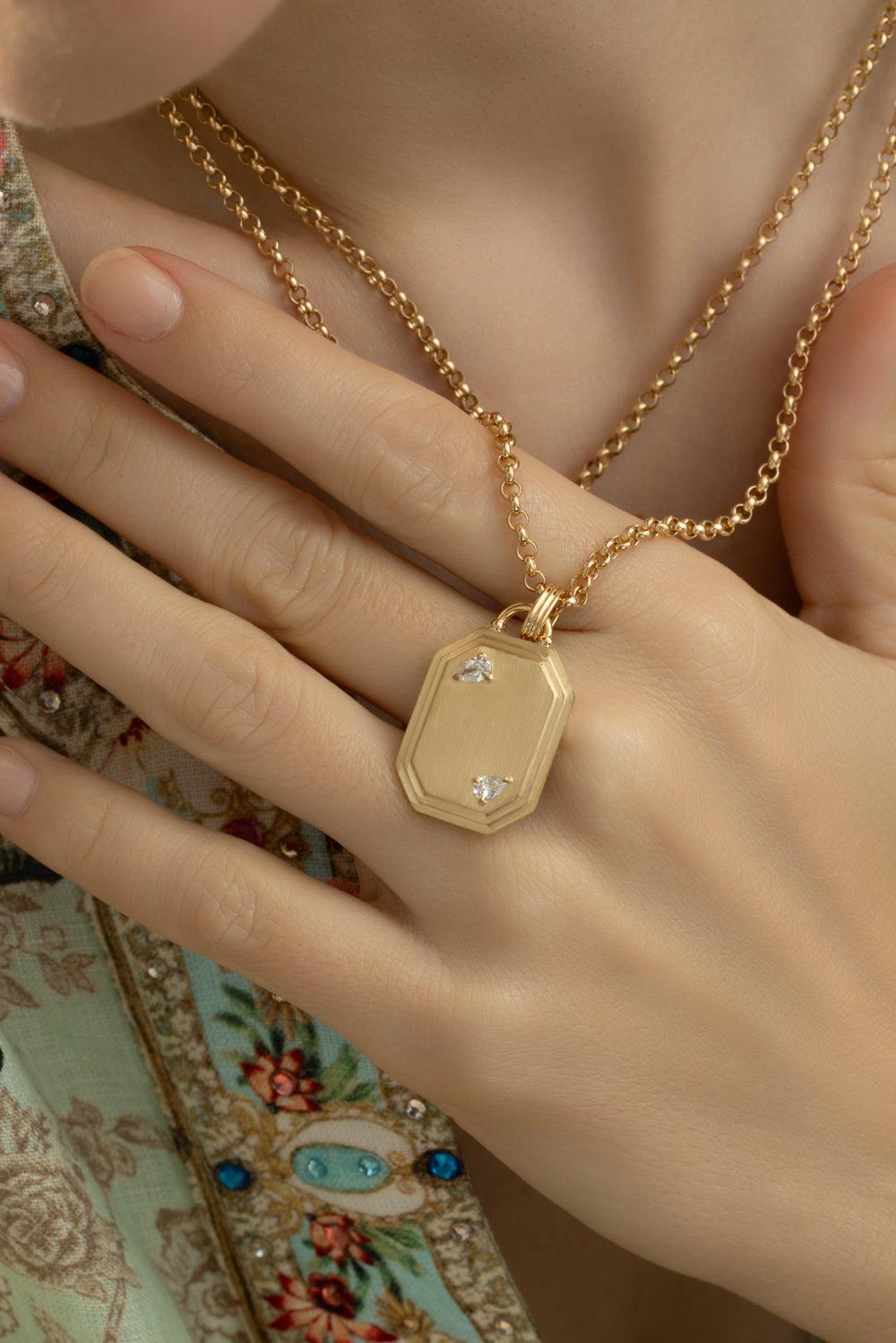 Two Diamond Pear Dog Tag Necklace-YELLOW GOLD-JEWELRYFINE JEWELNECKLACE O-PHILLIPS HOUSE