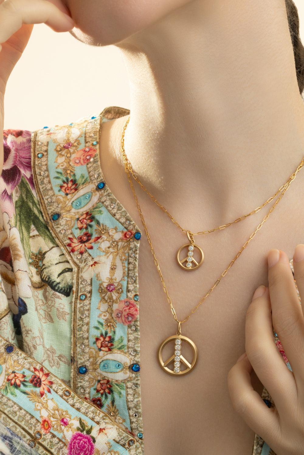 Diamond Matte Peace Sign Necklace-YELLOW GOLD-JEWELRYFINE JEWELNECKLACE O-PHILLIPS HOUSE