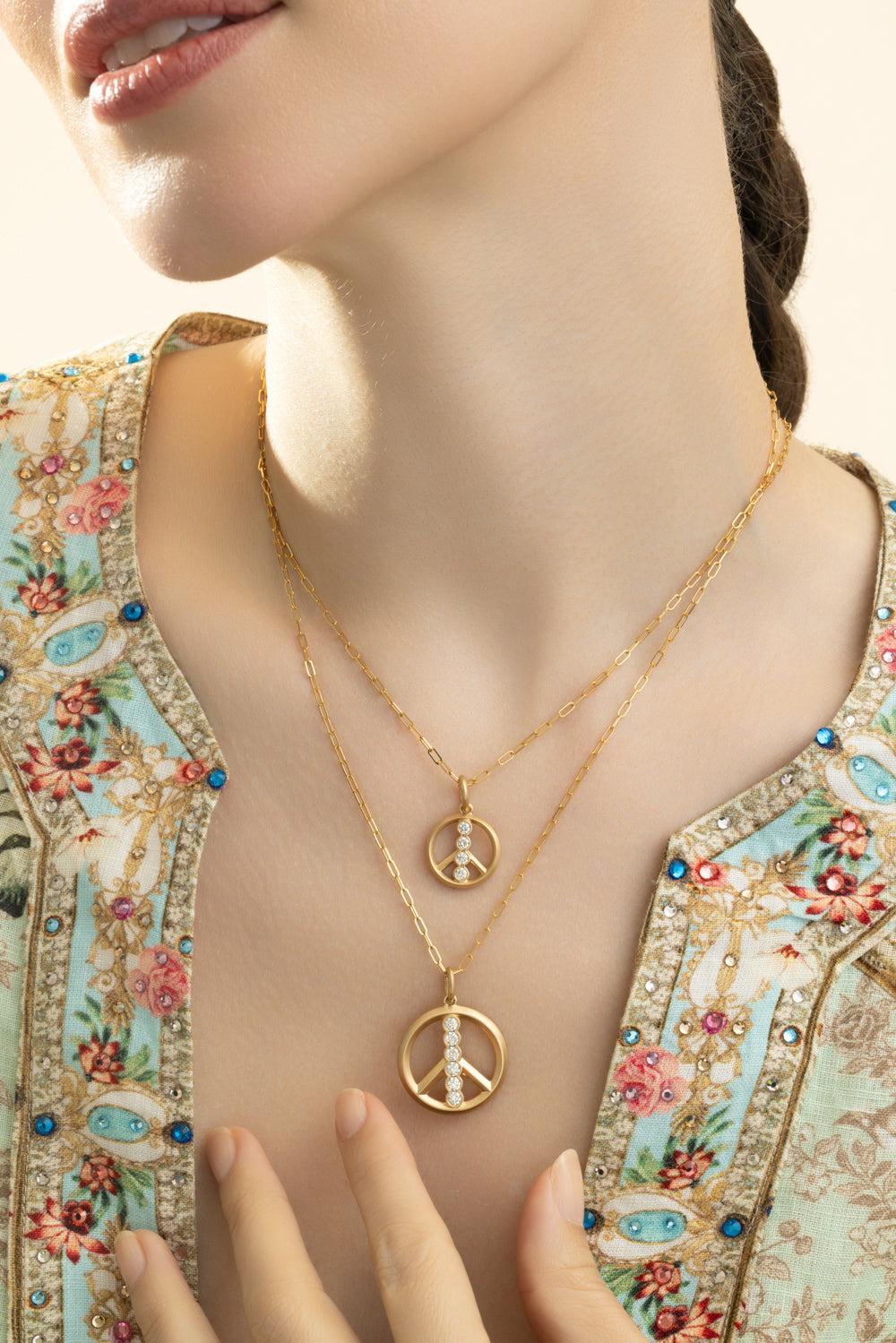 Diamond Matte Peace Sign Necklace-YELLOW GOLD-JEWELRYFINE JEWELNECKLACE O-PHILLIPS HOUSE