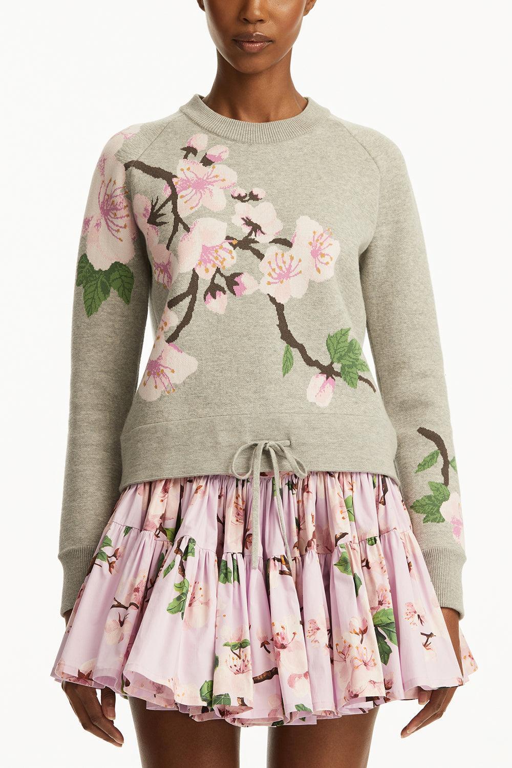 Cherry Blossom Drawstring Pullover-GREY PINK-XS-CLOTHINGTOPKNITS-OSCAR DE LA RENTA