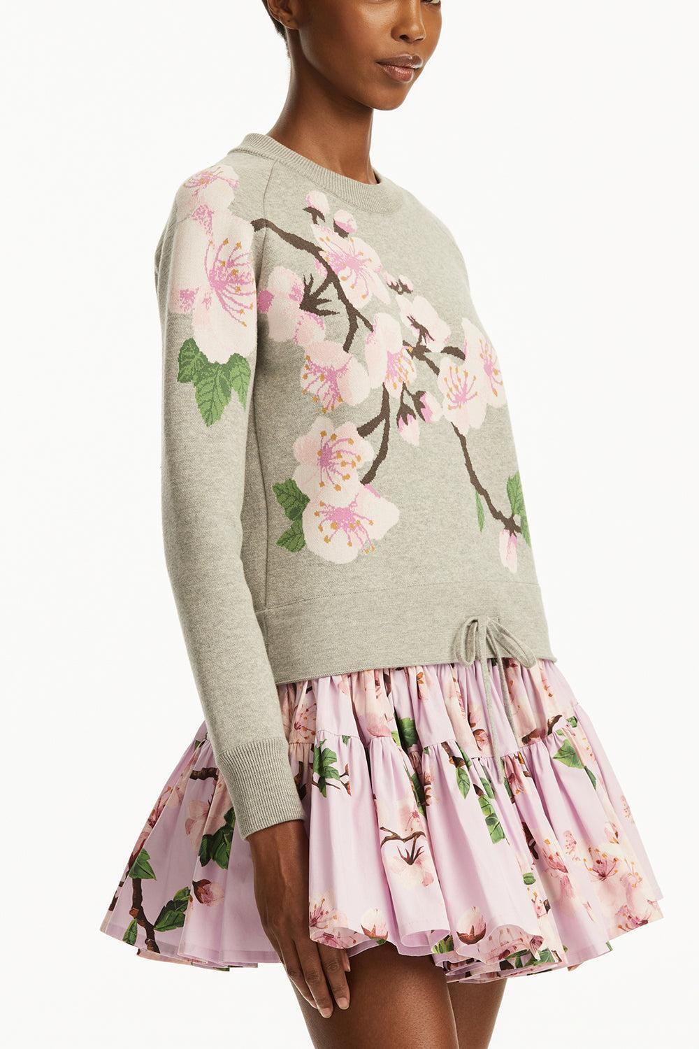 Cherry Blossom Drawstring Pullover-GREY PINK-XS-CLOTHINGTOPKNITS-OSCAR DE LA RENTA