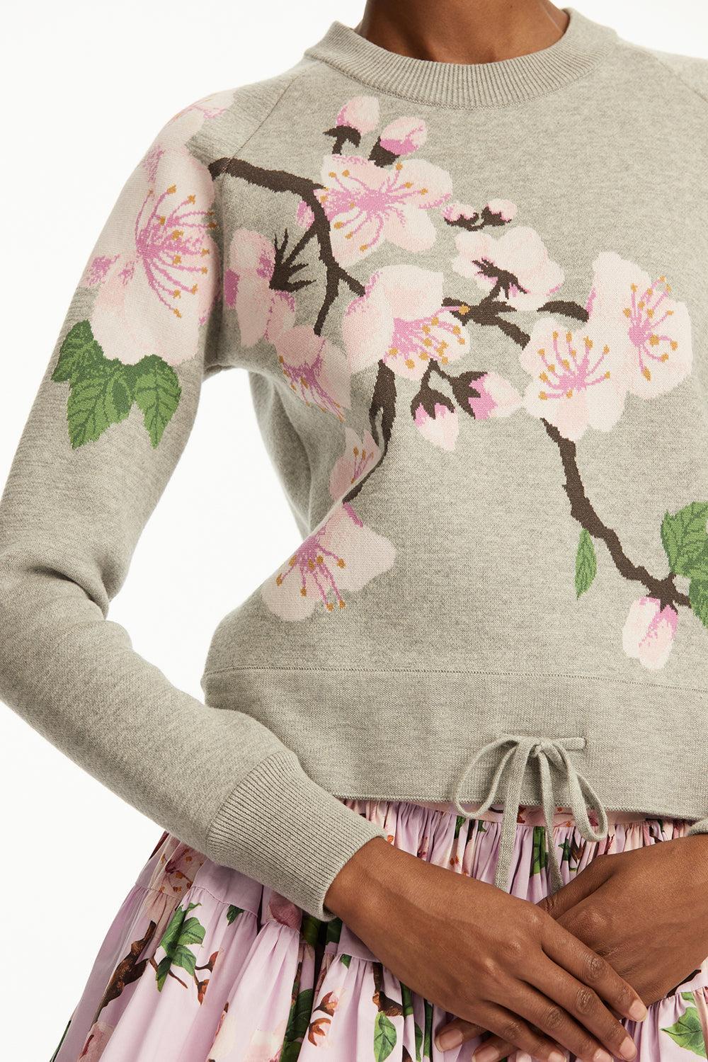 Cherry Blossom Drawstring Pullover-GREY PINK-XS-CLOTHINGTOPKNITS-OSCAR DE LA RENTA