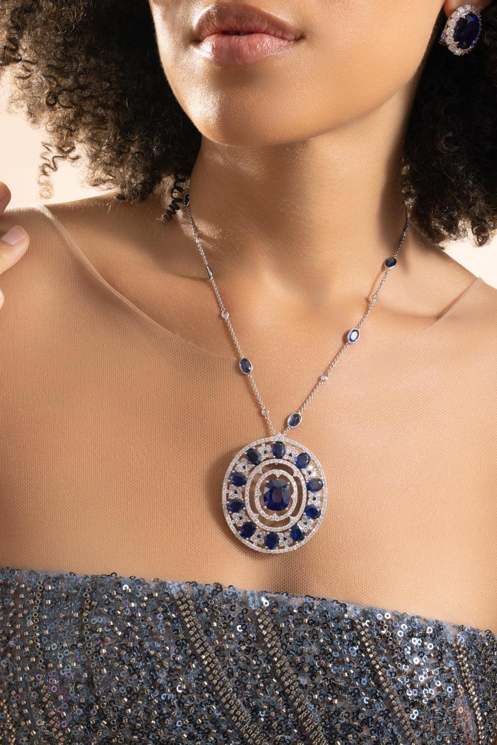 Blue Sapphire Diamond Circle Pendant-WHITE GOLD-JEWELRYFINE JEWELPENDANT-PIRANESI