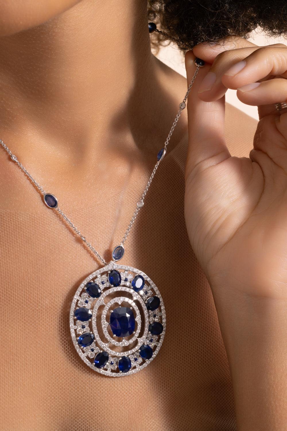 Blue Sapphire Diamond Circle Pendant-WHITE GOLD-JEWELRYFINE JEWELPENDANT-PIRANESI