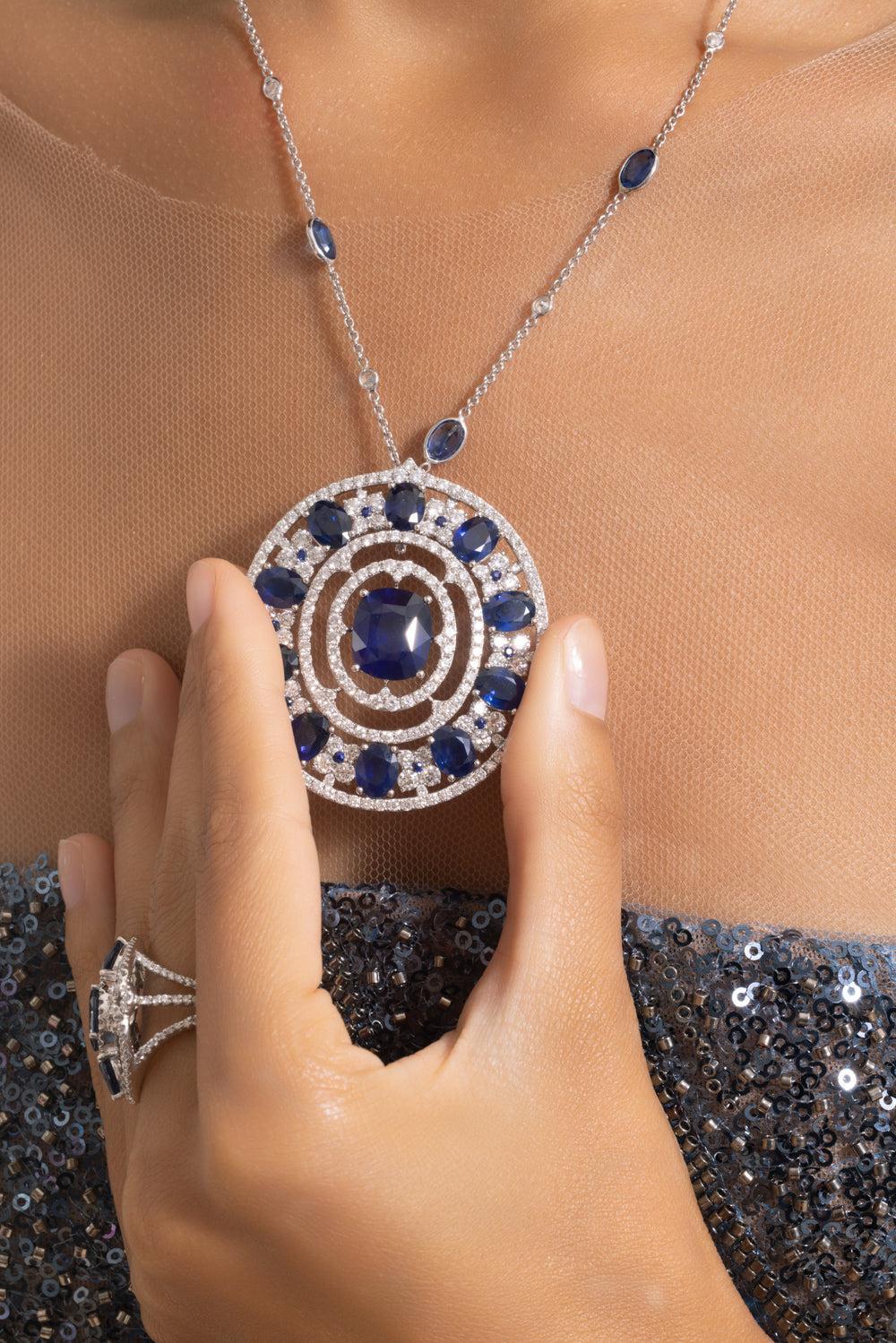 Blue Sapphire Diamond Circle Pendant-WHITE GOLD-JEWELRYFINE JEWELPENDANT-PIRANESI