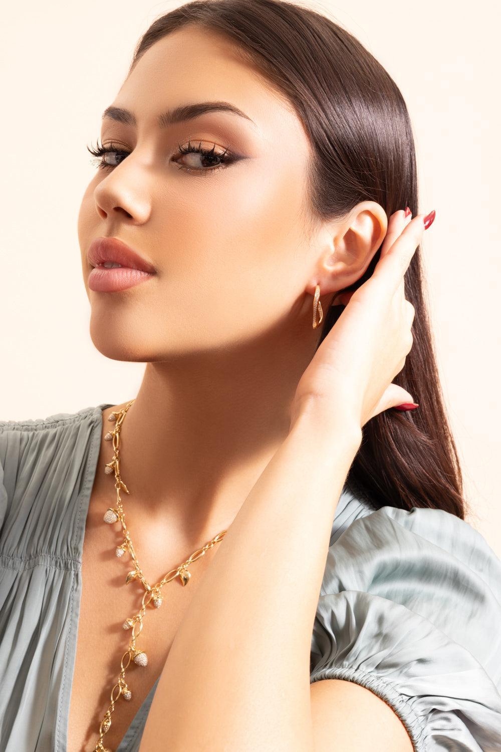 Diamond Signature Twisted Drop Hoop Earrings-YELLOW GOLD-JEWELRYFINE JEWELEARRING-TAMARA COMOLLI