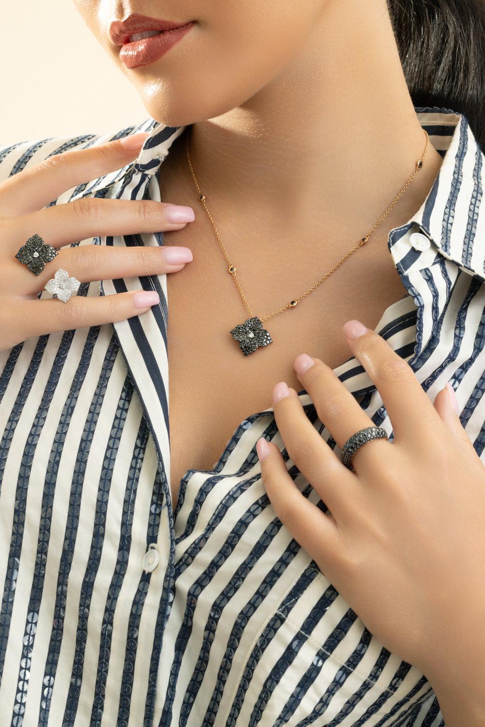 Black Diamond Large Flower Necklace-ROSE GOLD-JEWELRYFINE JEWELNECKLACE O-PIRANESI