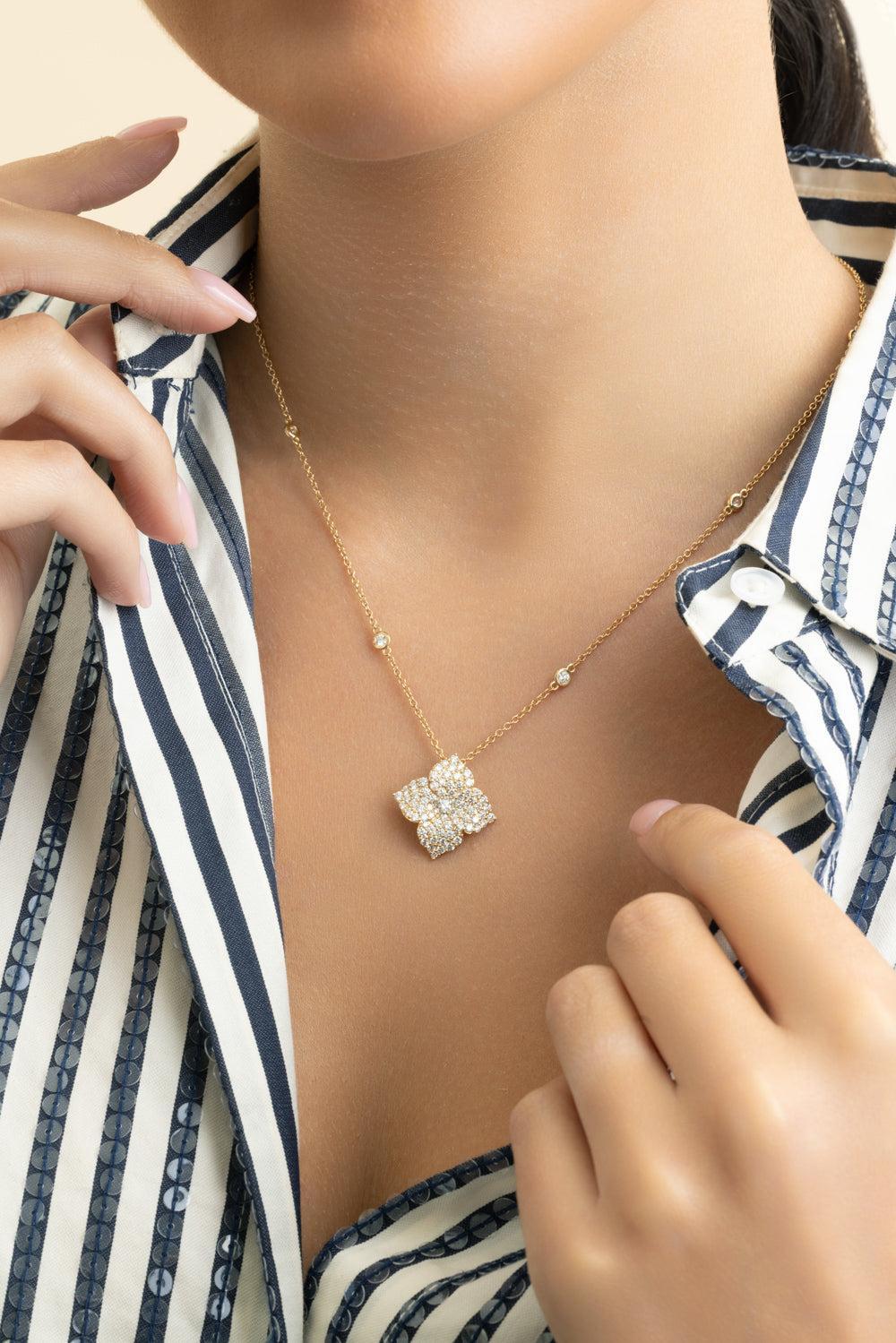 Diamond Large Flower Pendant Necklace-YELLOW GOLD-JEWELRYFINE JEWELNECKLACE O-PIRANESI