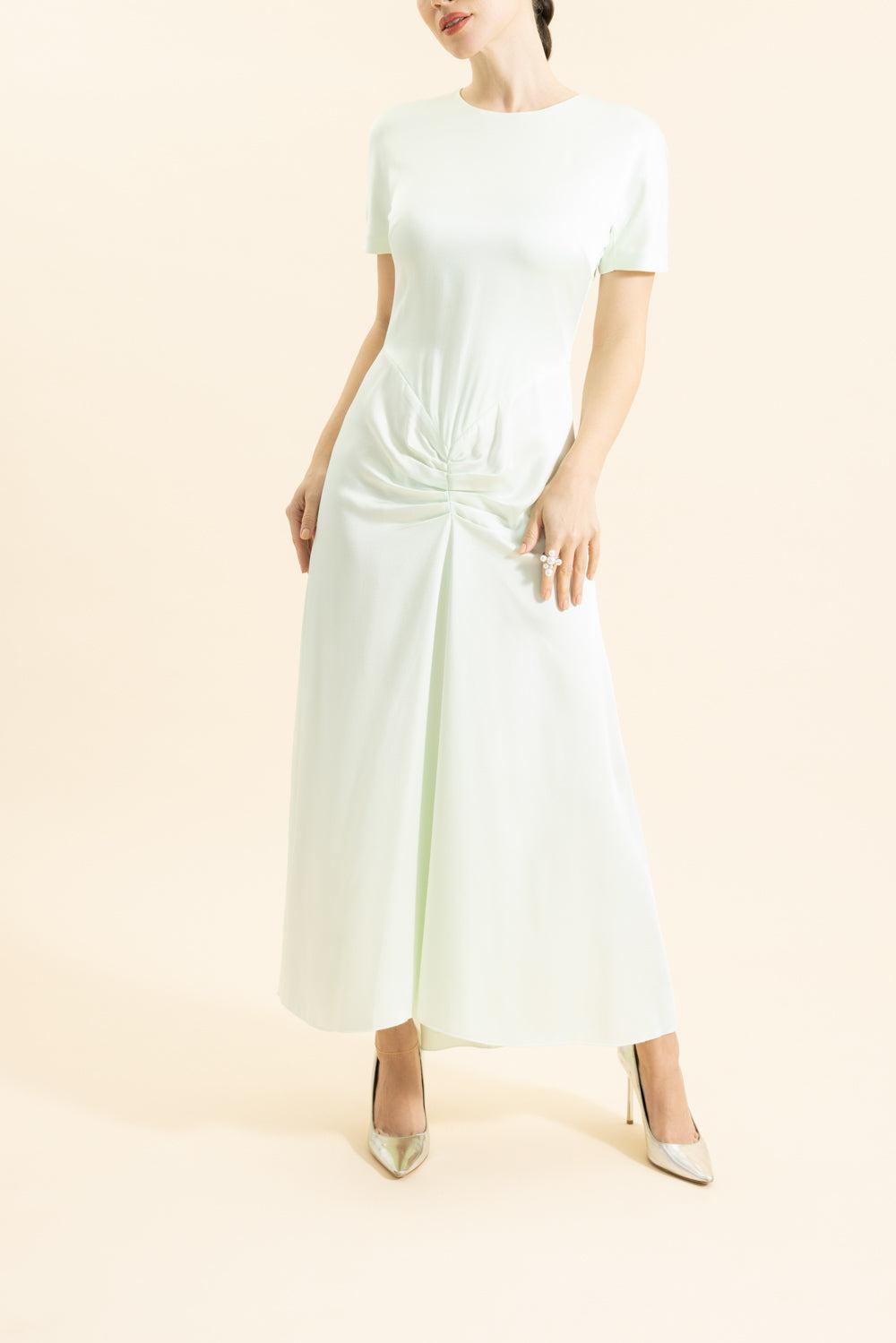 Gathered Midi Shirt Dress-GREEN-4-CLOTHINGDRESSCASUAL-VICTORIA BECKHAM