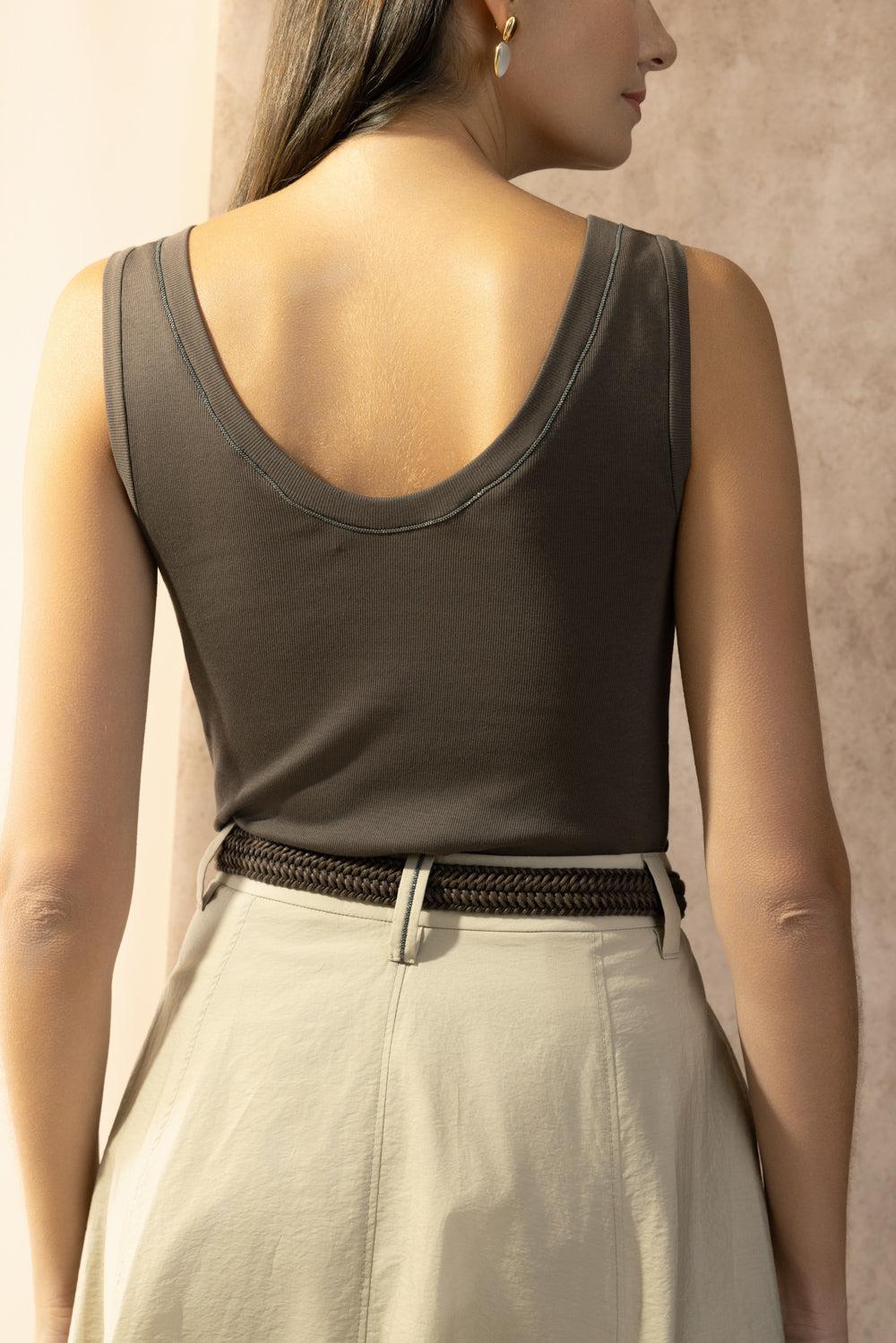 Monili Trim Tank - Dark Brown-BROWN-XS-CLOTHINGTOPTANK-BRUNELLO CUCINELLI