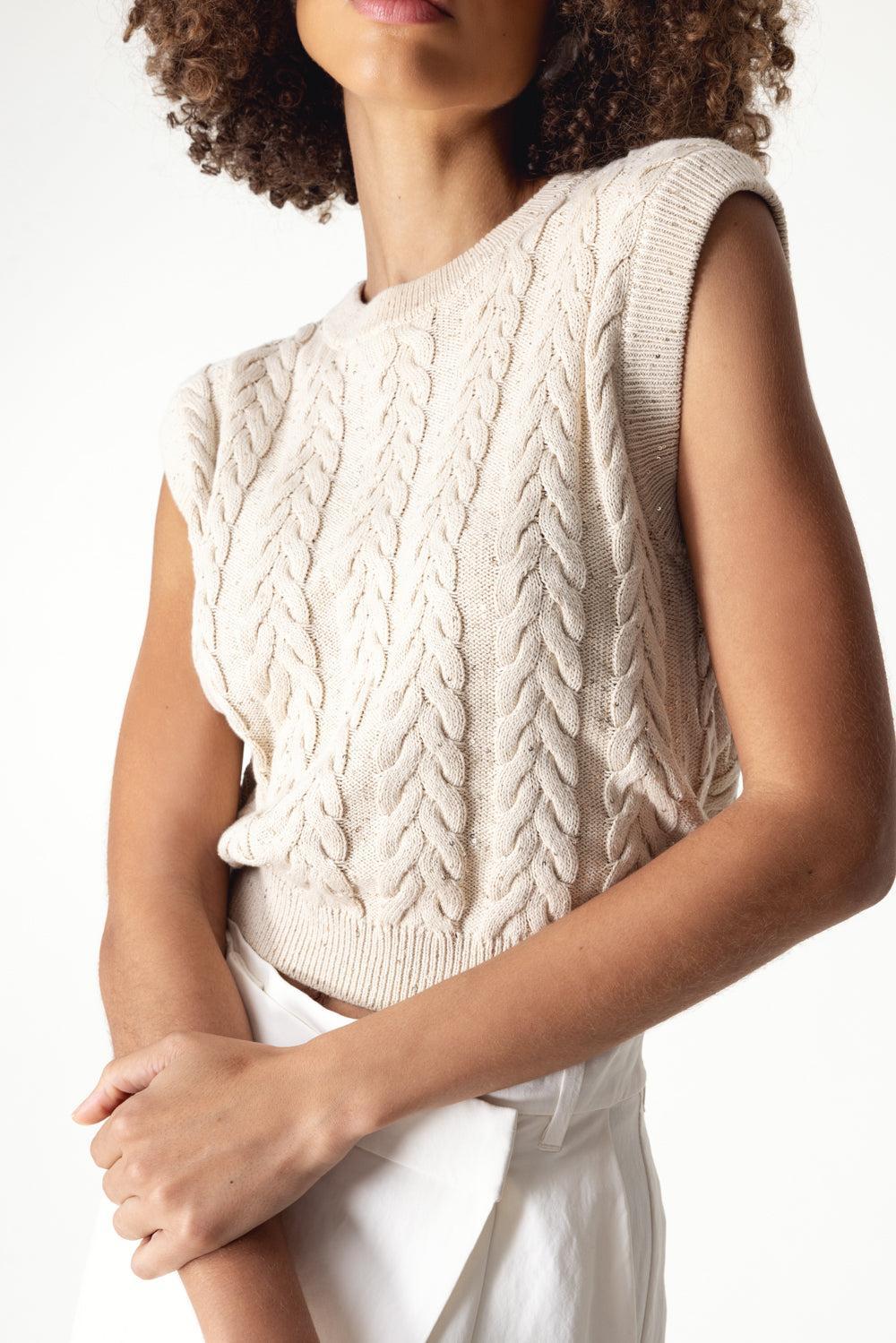 Dazzling Cable Sweater Vest-BUTTER-XS-CLOTHINGTOPKNITS-BRUNELLO CUCINELLI