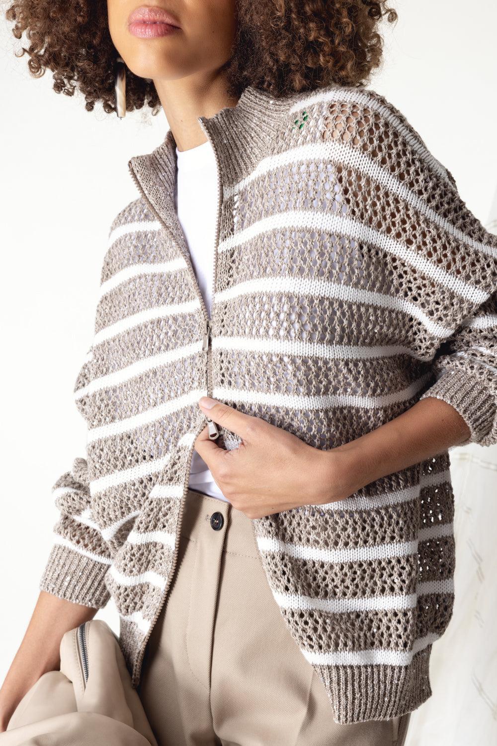 Dazzling Striped Net Cardigan-NUTSHELL-XS-CLOTHINGTOPCARDIGAN-BRUNELLO CUCINELLI