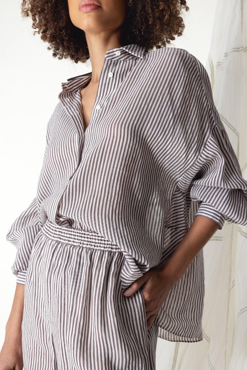 Pinstripe Blouse-WHT/BRWN-XS-CLOTHINGTOPBLOUSE-BRUNELLO CUCINELLI