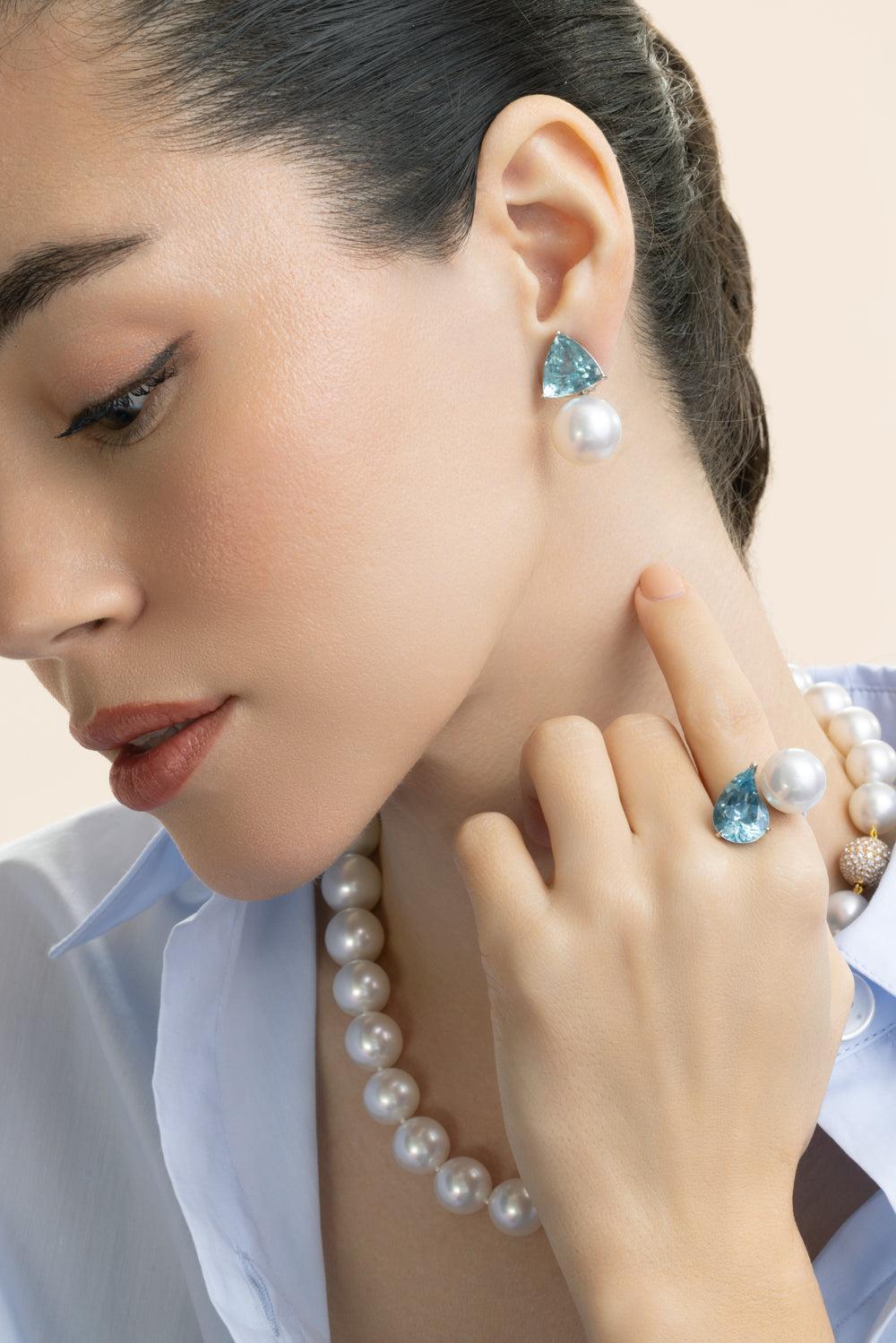 Aquamarine South Sea Cultured Pearl Earrings-PLATINUM-JEWELRYFINE JEWELEARRING-ASSAEL