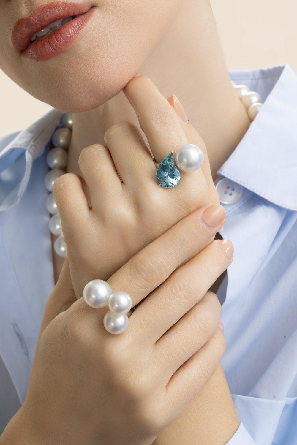 Aquamarine South Sea Pearl Button Ring-PLATINUM-6-JEWELRYFINE JEWELRING-ASSAEL