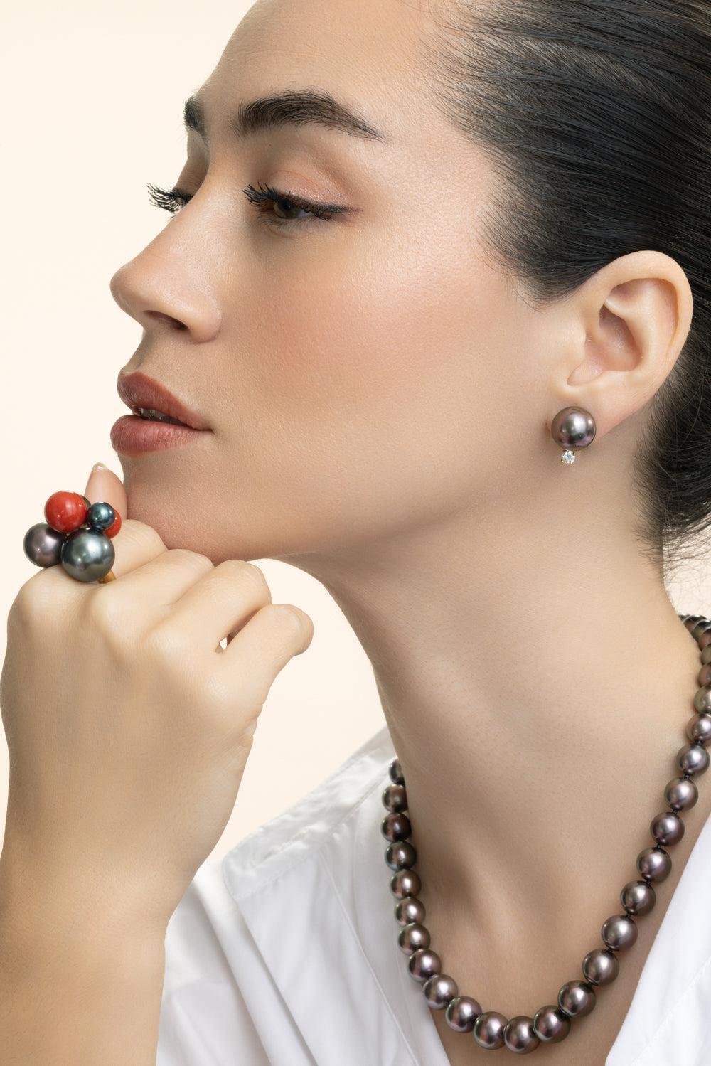 Tahitian Cultured Pearl Diamond Earrings-YELLOW GOLD-JEWELRYFINE JEWELEARRING-ASSAEL