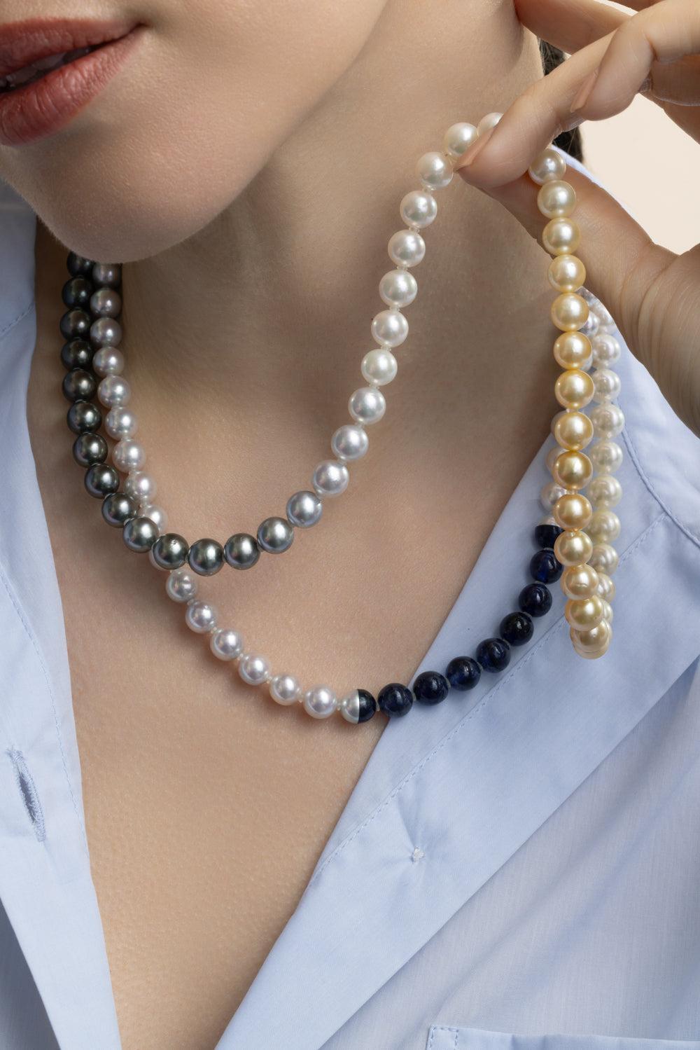 Blue Sapphire Pearl Sectional Necklace-PLATINUM-JEWELRYFINE JEWELNECKLACE O-YUTIA