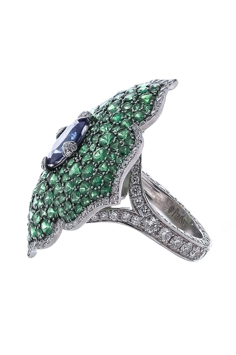 Blue Sapphire Tsavorie Diamond Ring-WHITE GOLD-6-JEWELRYFINE JEWELRING-PIRANESI