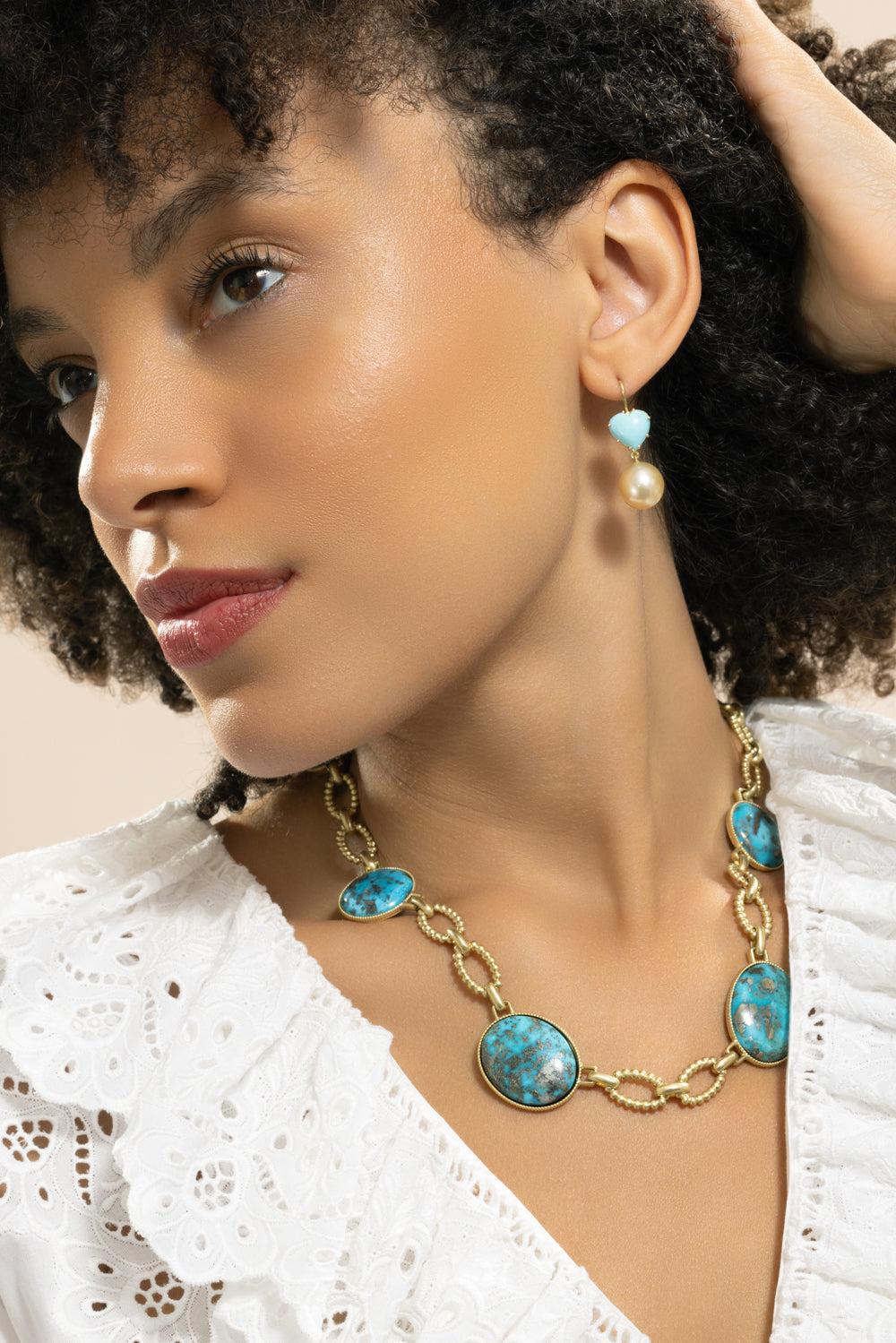 Turquoise Pearl Heart Earrings-YELLOW GOLD-JEWELRYFINE JEWELEARRING-SYLVA & CIE